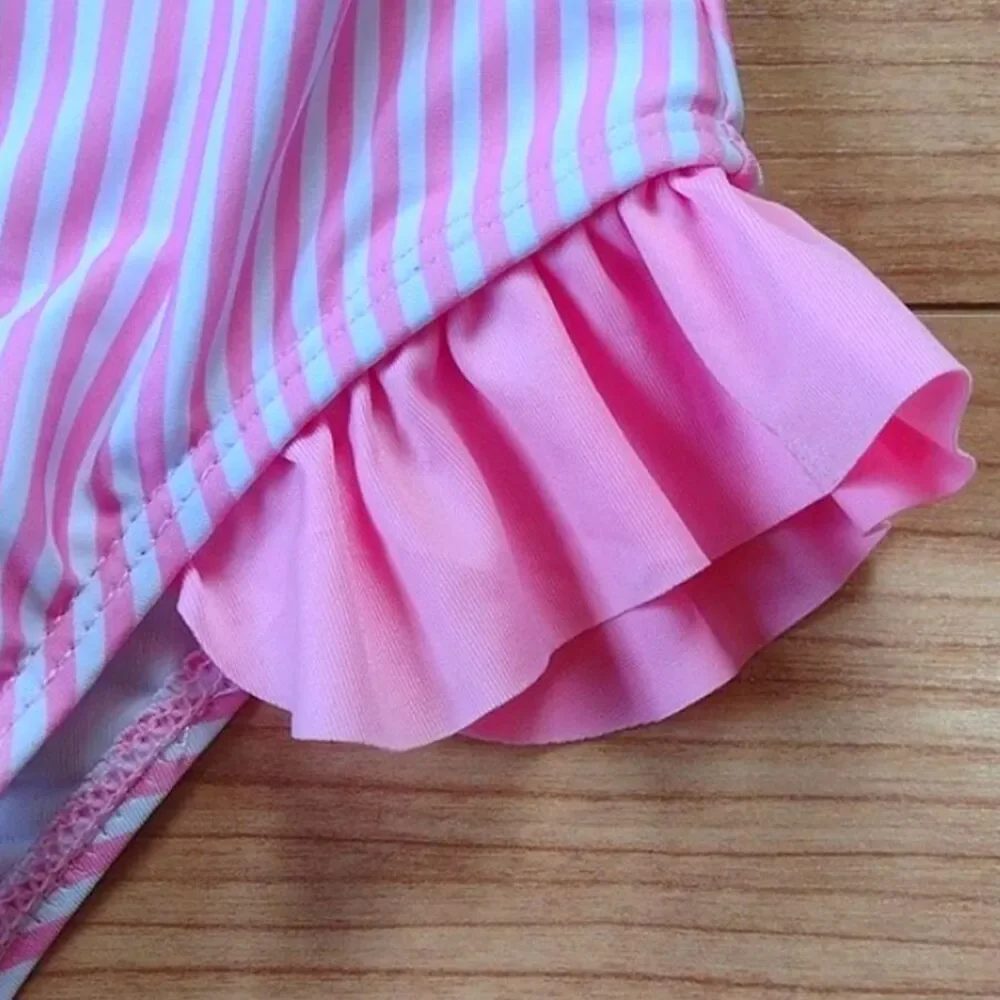 Younger Tree Pink and White Striped One Piece Swimsuit with Ruffles Size 9-12M